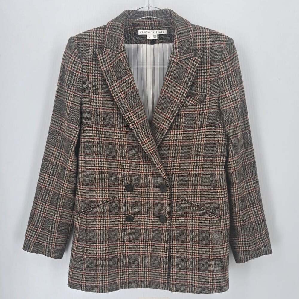 Veronica Beard Oria Dickey Jacket Double Breasted Glen Plaid Blazer Camel Size 6